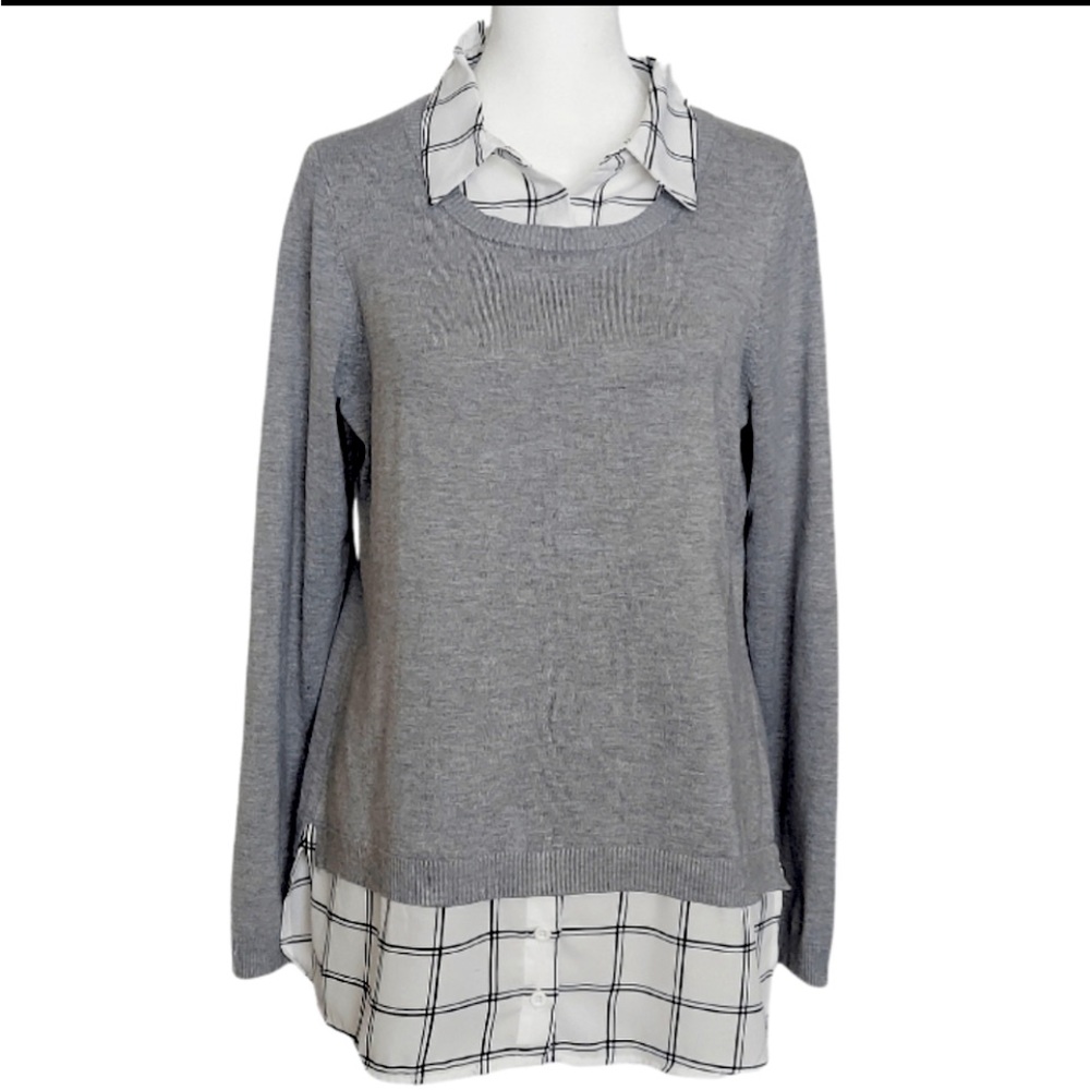 Adrianna Papell Gray Sweater with plaid blouse like a 2Fer sweater. Size Medium